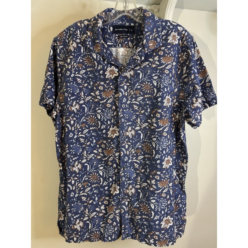ABERCROMBIE & FITCH Blue Floral Print Linen Cotton Short Sleeve Button Up L Mens